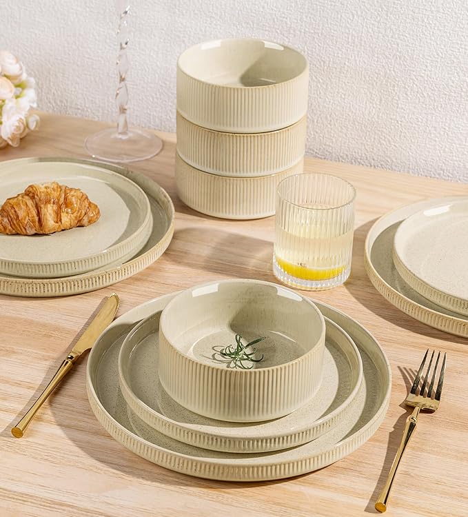 TheTerra Ceramic Dinnerware Sets for 8, 24 Pieces Porcelain Lightweight Speckled Plates and Bowls Sets, Scratch Resistant Dish Set, Oven & Microwave & Dishwasher Safe, Cappuccino