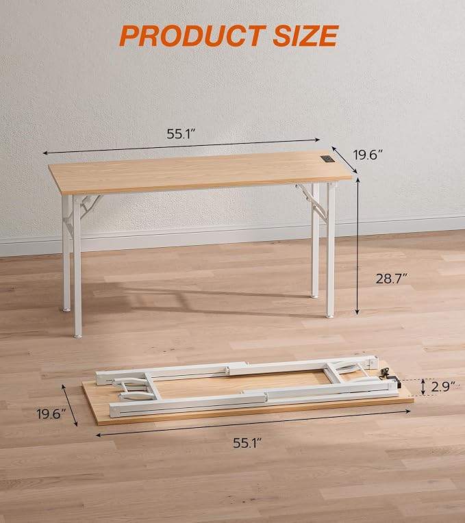 XBurmo Small Folding Desk Folding Table, No Assembly Foldable Desk Gaming Desk, 55.1-Inch Computer Table Workstation with 2 AC Outlets and 2 USB Ports for Bedroom and Home Office, Light Maple
