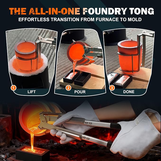 CANALHOUT 10kg Crucible Tongs Set for Melting Metal | 2-in-1 Lifting & Pouring Tong w/ Graphite Crucible, Ingot Mold & Gloves, for Metal Melting Jewelry Casting