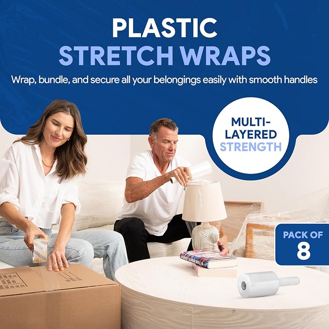 International Plastics Co. 5" 80 Gauge Plastic Stretch Film/Wrap 1000ft 500% Stretch Clear Cling Durable Adhering Packing Moving Packaging Heavy Duty Shrink (5" Products, 8 Pack)