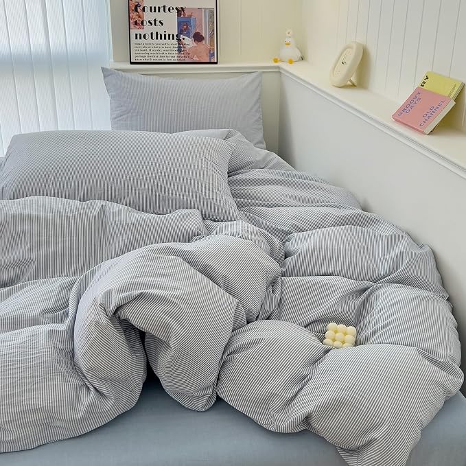 mixinni Striped Duvet Cover Set- 100% Washed Cotton Blue Comforter Cover with White Pinstripe Stripes Pattern Printed Bedding Set with Zipper Closure, 3 Pieces,Full Size