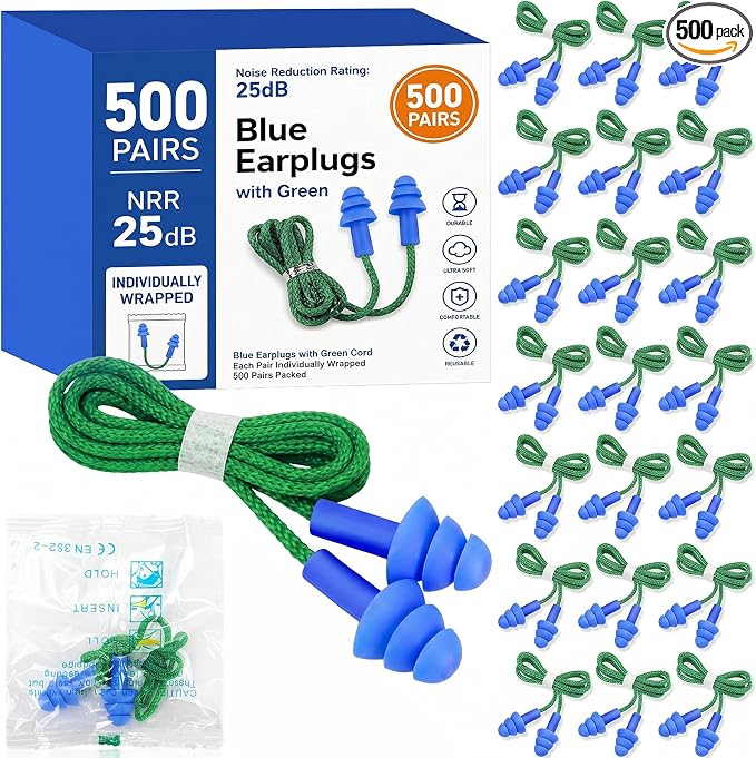 Relaxweex 500 Pairs Corded Ear Plugs Bulk 25dB NRR Reusable Silicone Ear Plug with String Individually Wrapped Earplugs for Sleeping Noise Reduction Hearing Protection Shooting Work (Green Blue)