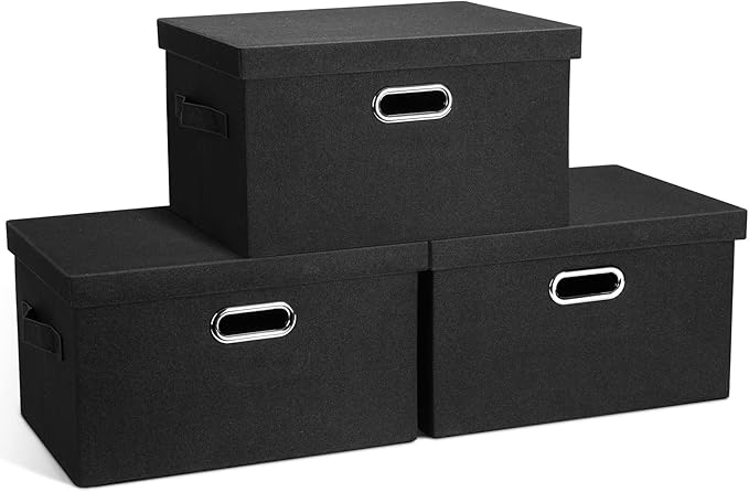 Graciadeco Medium 15" 21 Quart Collapsible Stackable Storage Bins with Lids, 3 Packs Black Foldable Fabric Closet Boxes Heavy-duty Lidded Linen Cube Basket Container Organizer and Storage for Bedroom