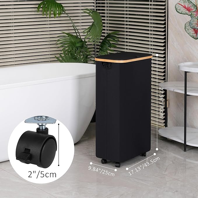 iEGrow 75L Slim Laundry Hamper with Wheels,Clothes Hamper for Laundry,Laundry Basket with Lid & Inner Bag,for Laundry Room, Bedroom, Dormitory Organization,Black