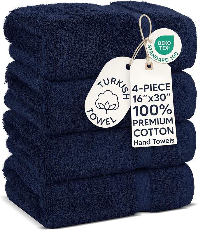 Chakir Turkish Linens 4 Piece Hand Towels, 100% Cotton Turkish Towels for Bathroom, Luxury Soft Absorbent Hand Towel Set, 16 x 30 Inches, Navy