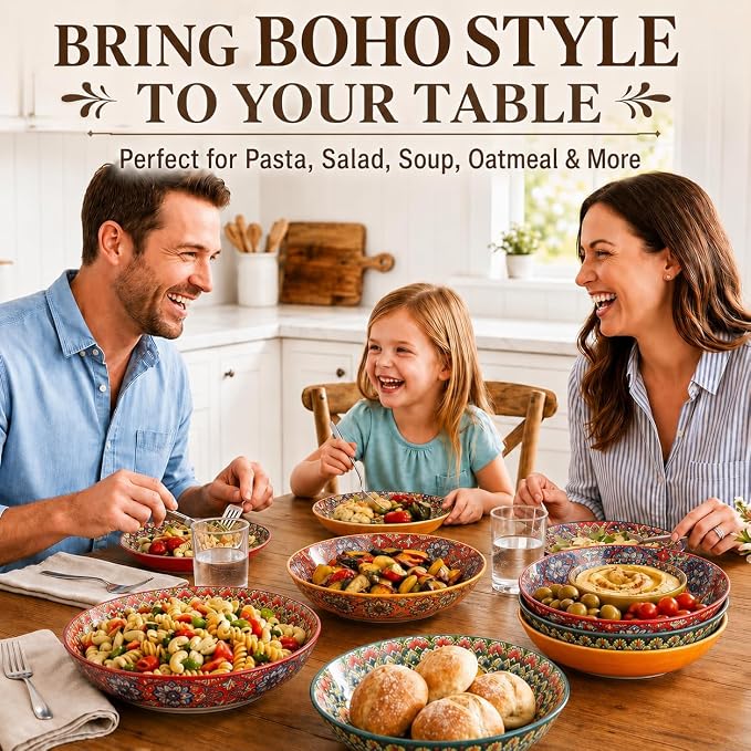 32 oz Pasta Bowls Set of 6, Large Ceramic Colorful Deep Plates, Bohemian Style Soup Salad Bowls, Dishwasher & Microwave Safe for Kitchen, Boho Vibrant Dinnerware