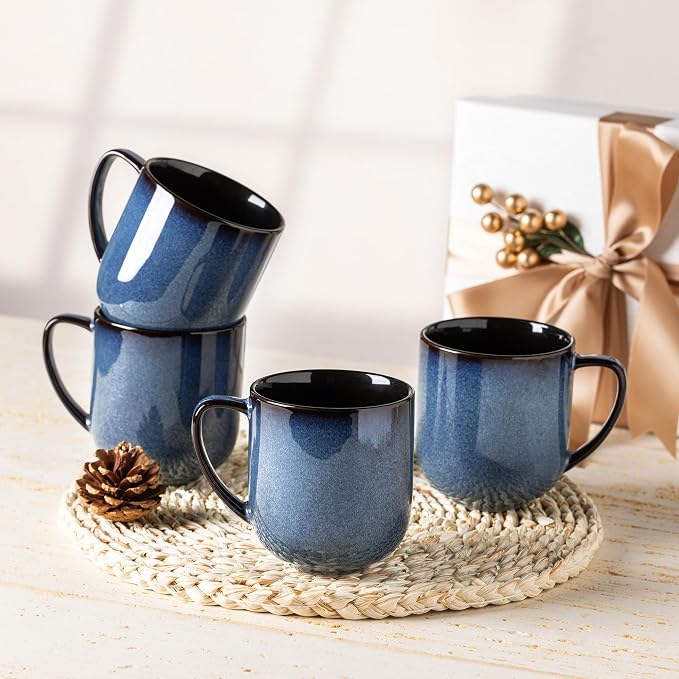 LERATIO Ceramic Coffee Mugs Set of 6,12oz Handmade Coffee Mugs Set | Large Handle for Cappuccino/Latte/Tea/Hot Cocoa,Oven &Dishwasher & Microwave Safe-Blue