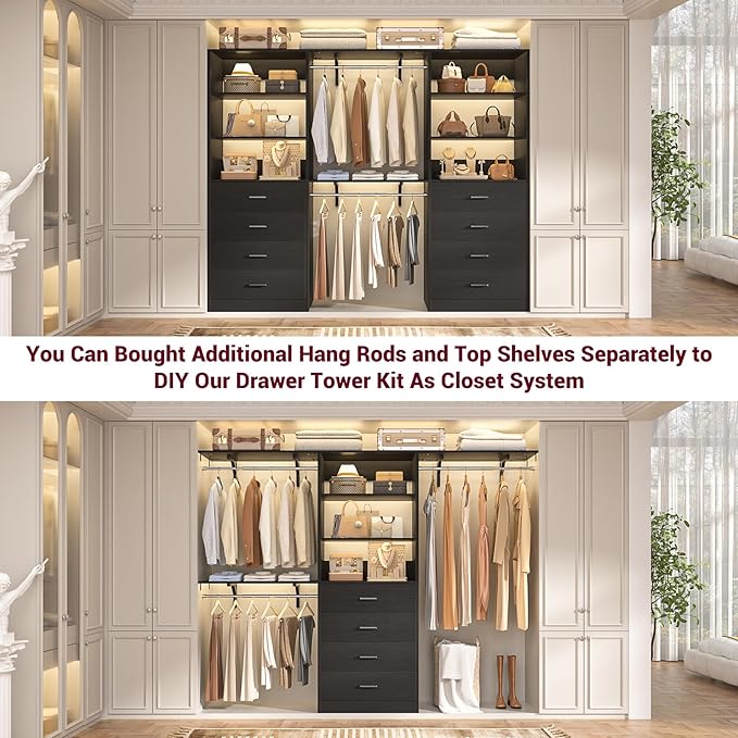 Aheaplus Closet Drawers System, 21.3" Wood Closet Organizer System with 4 Drawers, Modular Walk-in Closet System Storage Unit, Small Closets Wardrobe Rack, Tall Storage Cabinet Unit, Black