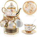Zhehao 20 Pcs Porcelain Tea Set with Metal Holder and Spoon Adult Ceramic Tea Set European Flower Painting Teapot Cup Saucer Spoon for Women Mom Gift, Large Version (Delicate Style)