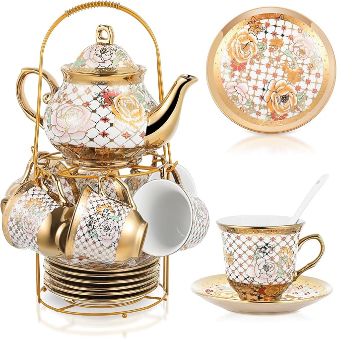 Zhehao 20 Pcs Porcelain Tea Set with Metal Holder and Spoon Adult Ceramic Tea Set European Flower Painting Teapot Cup Saucer Spoon for Women Mom Gift, Large Version (Delicate Style)