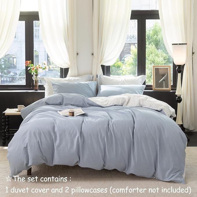 Reversible Duvet Cover Set 100% Washed Cotton Sky Blue Stripe Linen Feel Duvet Cover Oversized Queen Size with Zipper Closure & 2 Pillow Shams,Sky Blue/White Stripe Reverse Solid Sky Blue