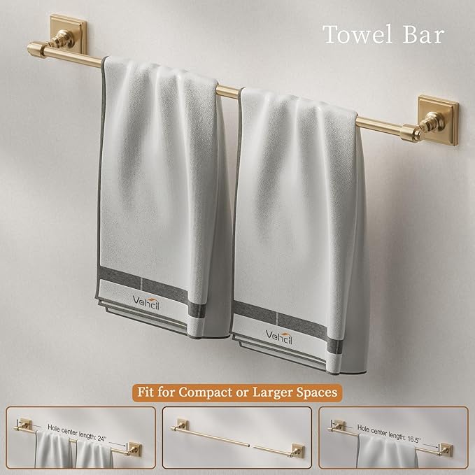 VEHCIL Champagne Gold Bathroom Towel Bar Set, 5 Piece Bathroom Hardware Accessory Set, SUS304 Stainless Steel 24" Towel Rack Holder Set for Bathroom, Wall Mounted