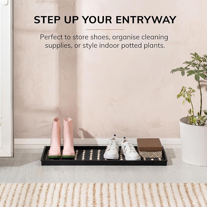 Anji Mountain Heavy Duty Waterproof Rubber Shoe Storage Mat Organizer/Boot Storage Tray Multi Use For Entryway with Coir, Gray and Ivory Insert , Fits 3 Pair (34.5" Wide)