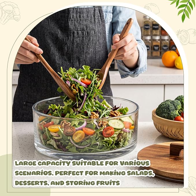 LemonRoad 9.6 Inch Large Glass Salad Bowl with Acacia Wood Lid, Thick Glass Trifle Bowl Versatile Mixing and Serving Dish for Dessert Fruit Pasta Ice Cream Cake Baking Dishwasher Safe