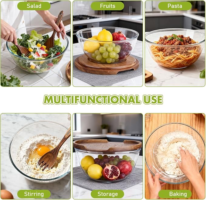 Greentainer Glass Salad Bowl with Wood Lid as Cheese Charcuterie Board and Plate,152oz Large Serving Bowl & Storage Bowl Sets with Wood Utensils - Dishwasher Safe