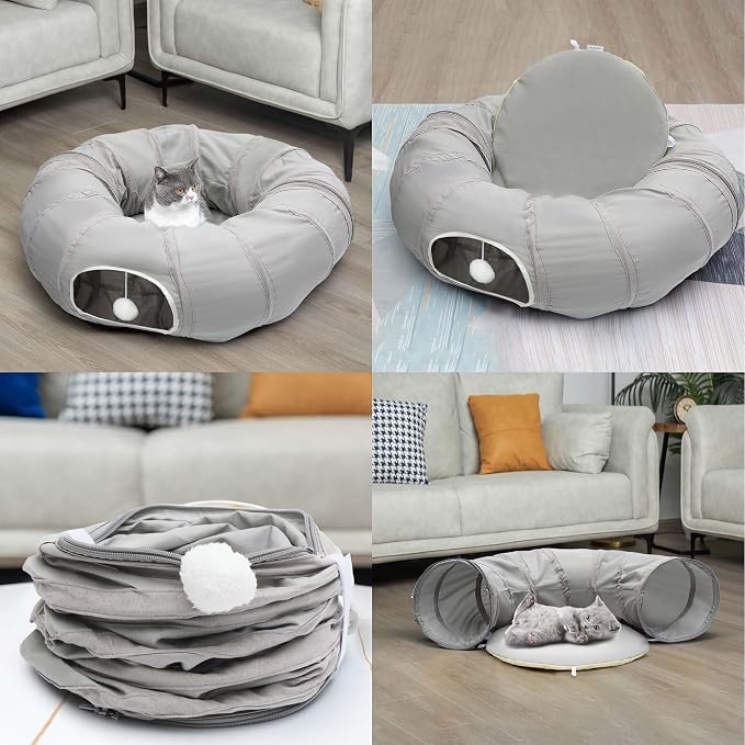 AUOON Cat Tunnel with Bed for Kitten Puppy Rabbit Ferret, Light Grey | 2-in-1 Interactive Cat Toy, with Hanging Ball Toy, Machine Washable Center Pad, 36"L x 36"W x 11.5"H