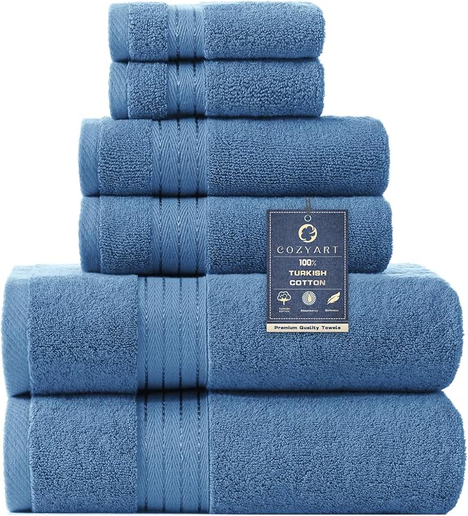 COZYART Denim Blue Bath Towel Set, Turkish Cotton Hotel Large Towel Bulk for Bathroom, Thick Bathroom Sets of 6 with 2 Bath Towels, 2 Hand Towels, 2 Washcloths, 650 GSM | OEKO-Tex 100 Certified Zero Twist Ring Spun, Soft Absorbent Quick Dry, Plush Fluf...