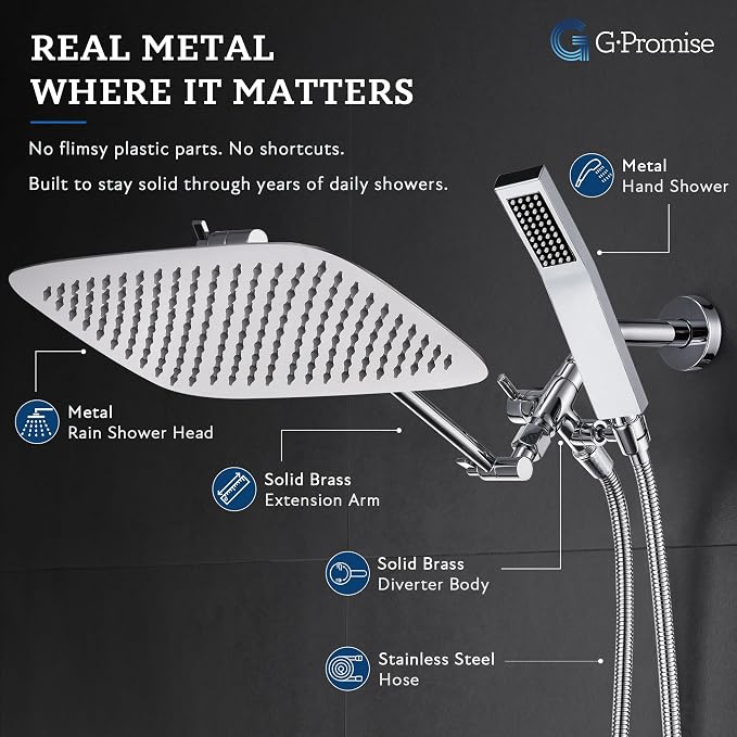 G-Promise All Metal 14 Inch Dual Square Shower Head with Handheld Spray Combo, Rain Shower Head, Adjustable Extension Arm, 3-Way Diverter, 71 Inch Extra Long Hose - A Bathroom Upgrade (Chrome)