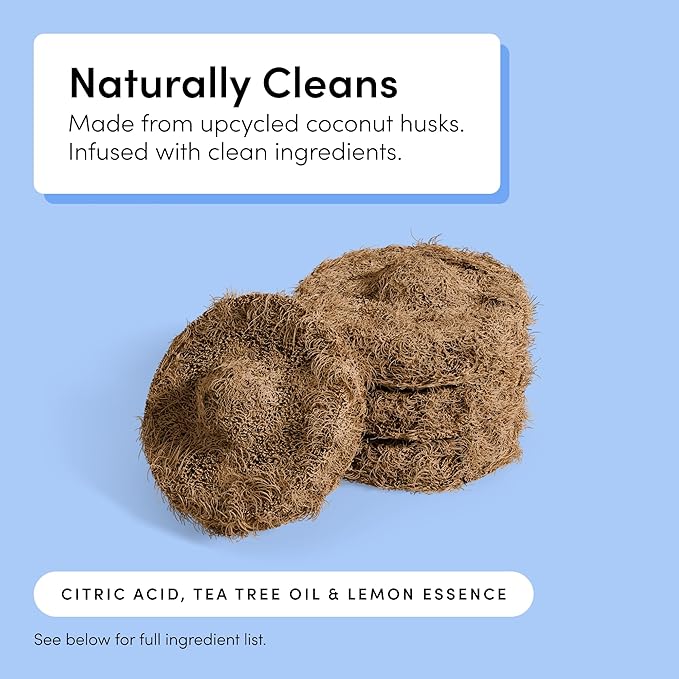 TUSHY Toilet Brush 2.0 Set: with Cleanser-Infused Pads and Holder (Disposable Planet Friendly Refills), Includes 8 Lemon and Tea Tree Coconut Husk Scrubbing Pads