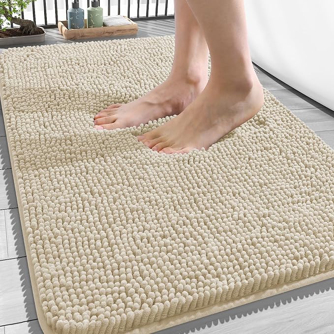 OLANLY Bathroom Rugs 34x21, Extra Soft Absorbent Chenille Bath Rugs, Rubber Backing Quick Dry, Machine Washable Bath Mats for Bathroom Floor, Tub and Shower, Home Decor Accessories, Sand