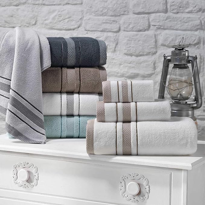 Bath Towels Set for Bathroom – Luxury 6-Piece Cotton Towels, Soft Absorbent & Quick Dry, 600 GSM Bath Towels for Bathroom, Hotel Spa Quality (White/Brown, 6- Bath Towel Set)