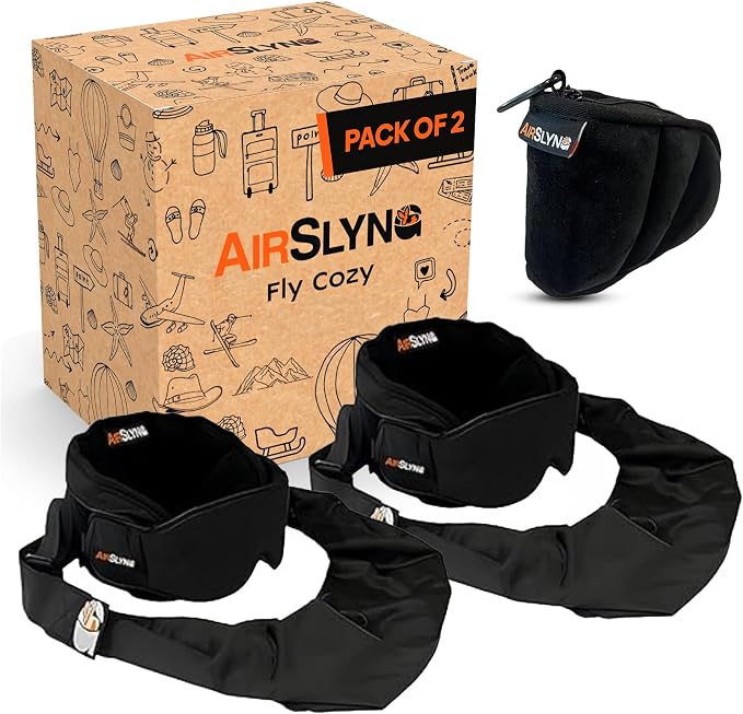 2 Pack 3-in-1 Airplane Sleep Support System - Plane Sleeping Accessories with Memory Foam Long Haul Flight Pillow, Adjustable Travel Eye Mask, and Blanket-Like Body Sling - Fits in Carry On