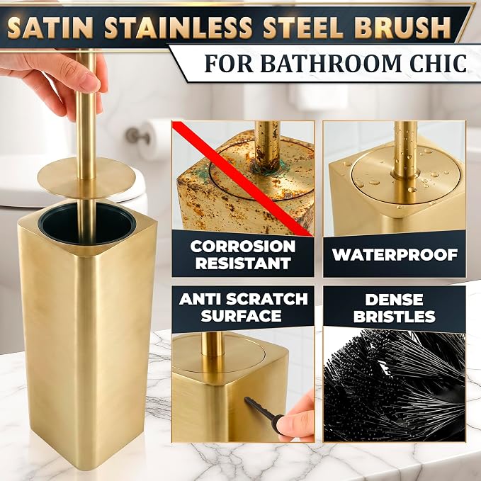 Gold Toilet Brush and Holder Set - Instantly Elevate Your Bathroom Style - Stainless Steel Toilet Bowl Brush and Holder with 2 Rounded Corners, Replaceable Head, Removable Inner Bowl & Splash Guard