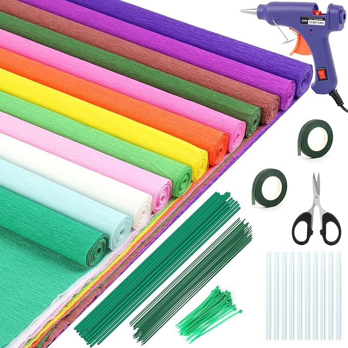 176 Pcs Crepe Paper Roll Set, 12-Color 16.5×98 Inches Heavy Crepe Paper with Glue Gun, Scissors, Wire, Gardening Tape, Suitable for Handmade Paper Flowers, DIY Projects, Wedding & Party Decorations
