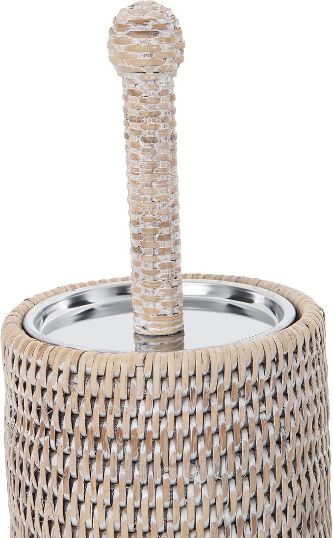KOUBOO Rattan Toilet Brush Holder Set with Lid Bathroom Decor White Wash | Handwoven Craftsmanship, Removable Inner Cup, Replaceable Brush Head, Odor Control, Easy-Clean Design