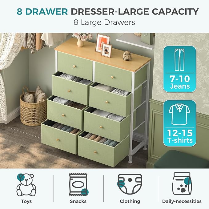 OLIXIS 8 Drawer Storage Dresser with Wood Top - Wide Fabric Chest Organizer for Bedroom, Closet, Living Room,Tower Cabinet, TV Stand, Hallway Entryway Furniture, Light Green