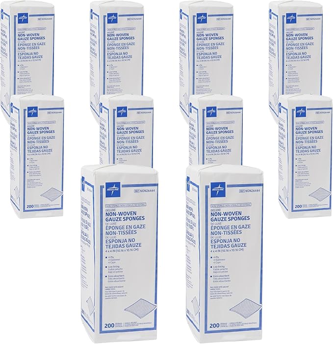 Medline Deluxe Nonwoven Gauze Sponge, 4-Ply, 4 x 4 in, Pack of 2000 | Non-Sterile, Absorbent, Low Linting, Fast-Wicking