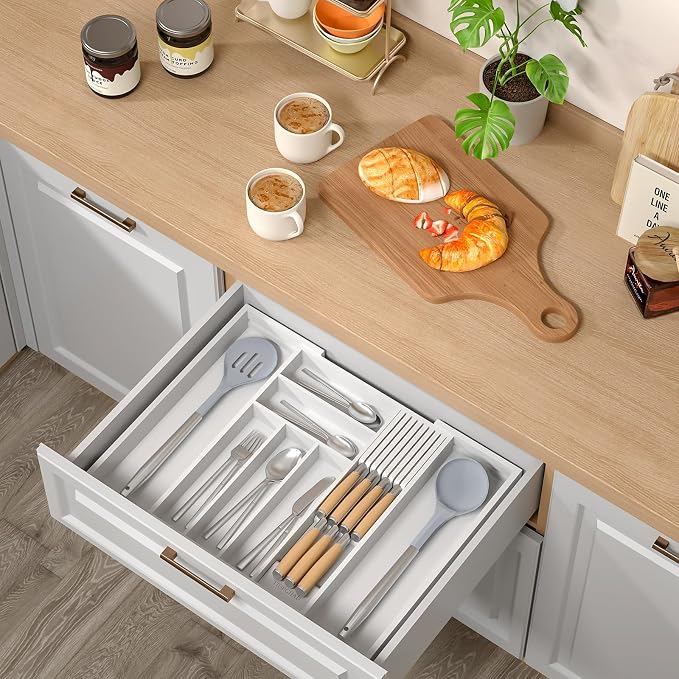 TIOPGHAD Bamboo-Silverware-Drawer-Organizer-Kitchen, Expandable Utensil Holder Cutlery Tray Flatware Organization Adjustable Wood Tableware Dividers Storage (with Removable Knife Block)(White)