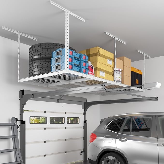 FLEXIMOUNTS 4x8 Overhead Garage Ceiling Storage Rack Organization, White | 750lbs Weight Capacity, 22"-40" Adjustable Organization System, Heavy-Duty Metal Ceiling Racks, Classic Series