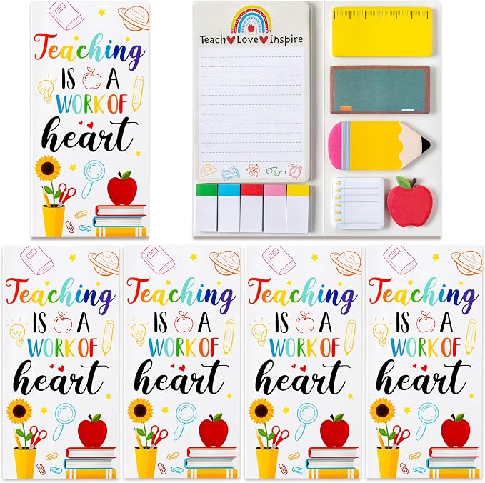 Xqumoi 4 Pack Teaching is A Work of Heart Sticky Notes Set - Ruler Blackboard Pencil Apple Shape Self-Stick Note Pads Teacher Appreciation Gift Writing Memo Pads Page Marker School Office Supplies
