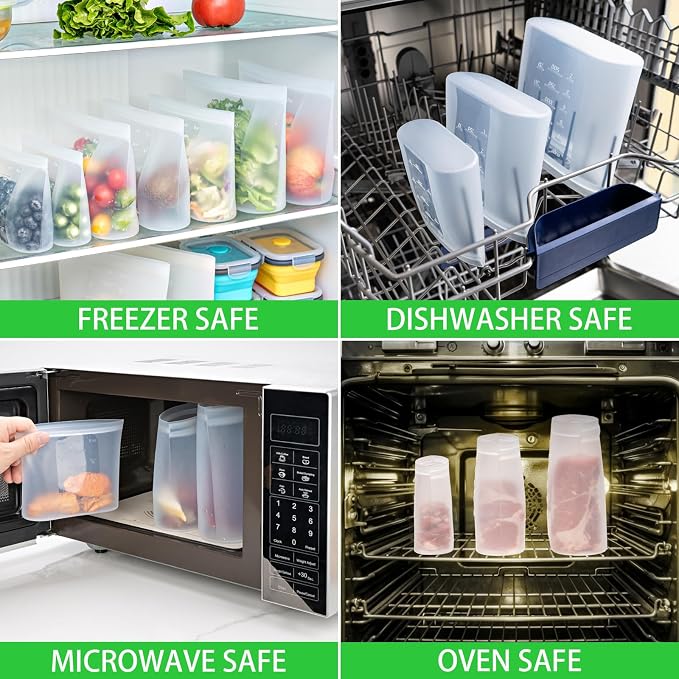 100% Platinum Silicone Reusable Food Storage Bags, 4 Pack, 17fl.oz/500ml | Premium Silicone Reusable Storage Bag, Stand-Up Wide-Mouth Ziplock, X-Small Size, Freezer Microwave Dishwasher Safe, Clear