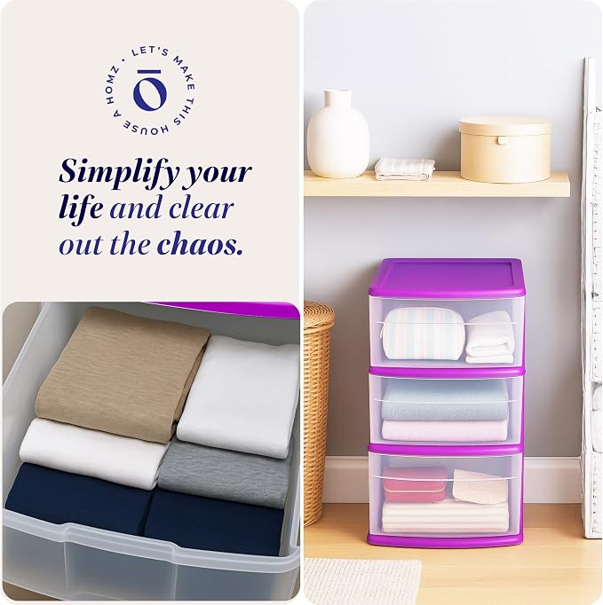 HOMZ 2-Pack Drawer Tower, 3-Tier Clear Plastic Storage Organizer Cart, Purple Frame - Organizing Containers with Wheels for Home, Bathroom, Bedroom, Office, and Classroom