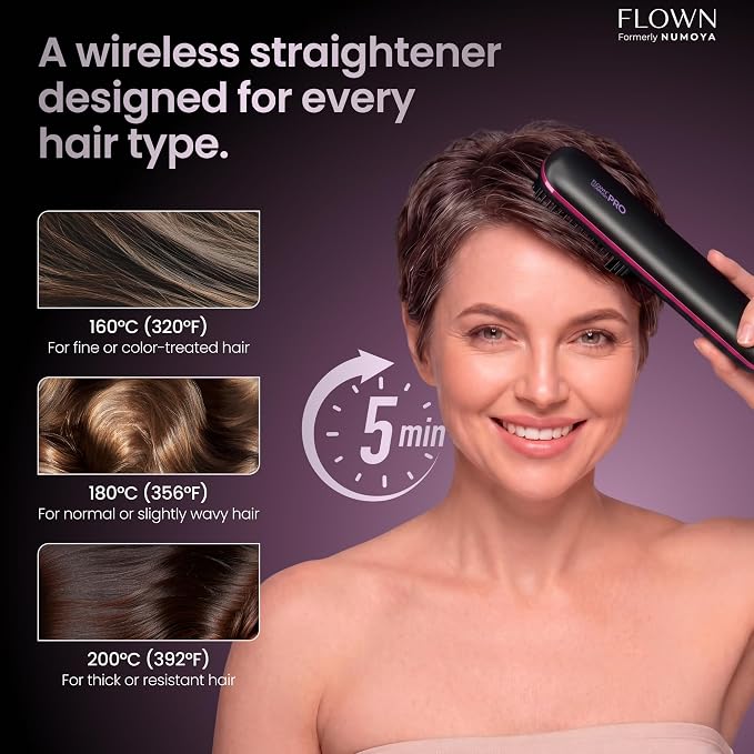 FLOWN® Original Go Brush PRO [Five Minutes Hair Styling Routine] - No Damage Heat Brush with USB-C Charger - Electric Travel Pocket Brush for All Hair Types - Black (Formerly Numoya)