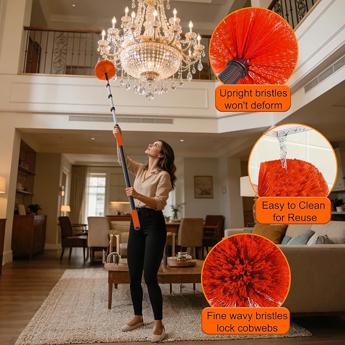 15FT Reach Cobweb Duster with Extension Pole - Spider Web Brush for Cleaning with 3-12FT 4-Section Flip-Lock Telescopic Pole, Effortlessly Cleans High Indoor & Outdoor Webs