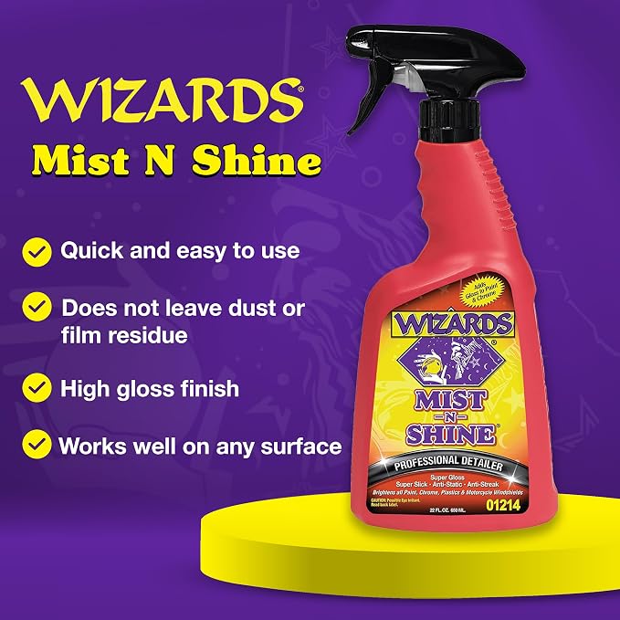 Wizards Mist-N-Shine Professional Car Detailing Spray - Quick Detailer Spray for Cars, Show-Car Gloss, Streak-Free Finish on Paint, Chrome, Glass and Plastic Trim, Wax-Free Formula - 22 oz