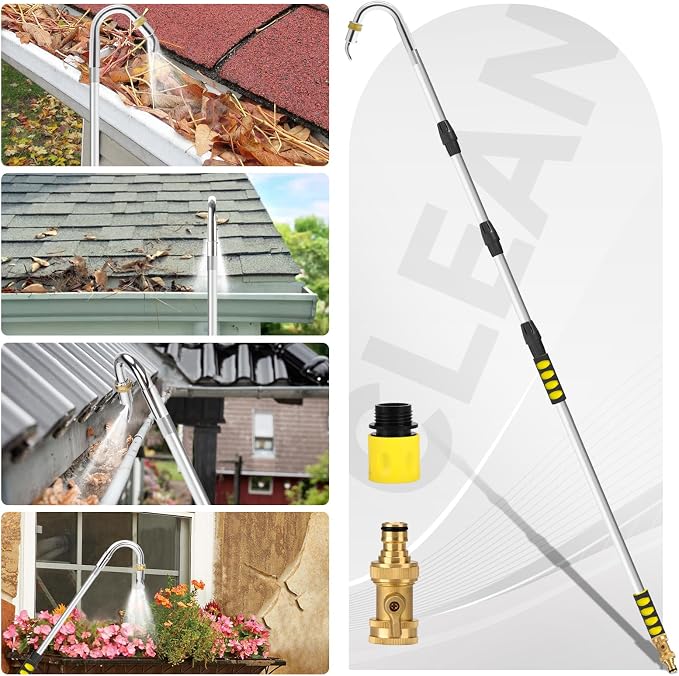 24FT Reach Gutter Cleaning Tools from Ground, Telescopic Rain Gutter Cleaners Tool with Hose Attachment and Heavy Duty Wand & Connecting Adapter