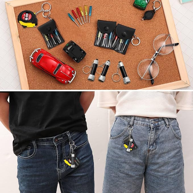 Jutom 48 Pcs Mini Tape Measure Keychain Screwdriver LED Light Keychain Bulk Men Adult Tool Party Gifts Prize for Man Father's Day Housewarming Gifts Adult Useful Tool Favors (Black)
