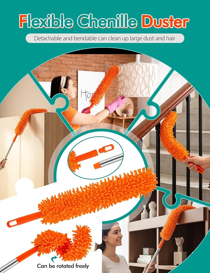 Ceiling Fan Cleaner Duster with 76" Extendable Long Handle,180° Wall Mop Cleaner for Walls/Ceiling Fans/Dust/Baseboards/Floors/Blade Blinds/dDoors Clean,Feather Duster Cleaning Kit