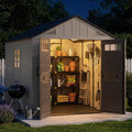 Aoxun 8x8 Ft Outdoor Storage Shed with Lighe & Floor, Large Resin Outdoor Shed with Lockable Door & Windows, Garden HDPE Sheds for Lawn Tools, Pool Supplies & Bikes