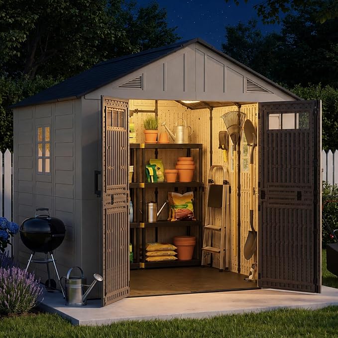 Aoxun 8x8 Ft Outdoor Storage Shed with Lighe & Floor, Large Resin Outdoor Shed with Lockable Door & Windows, Garden HDPE Sheds for Lawn Tools, Pool Supplies & Bikes