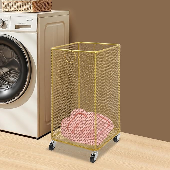 Rolling Laundry Hamper with Wheels Metal Wire Laundry Basket Cart Heavy Duty Clothes Toy Sundries Storage Organize Hamper Bin for Living Room Bathroom Closet Bedroom (Gold, Square)
