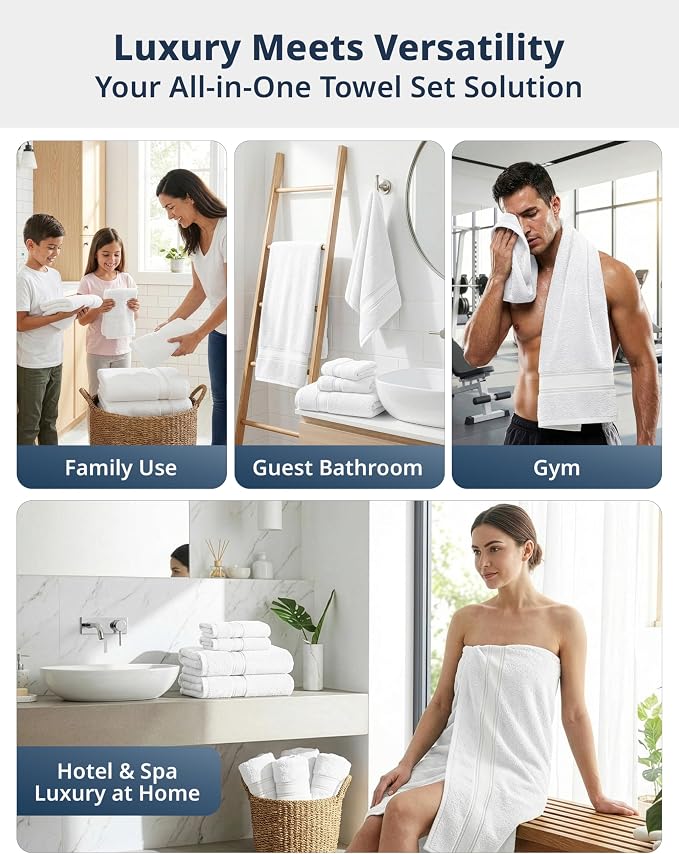 LANE LINEN Bath Towel Set 100% Cotton 18 Piece Soft Absorbent - White | Shower Towels - Generously Sized, Oversized & Roomy, Lightweight & Breathable, Fade-Resistant Color, Classic Terry Weave