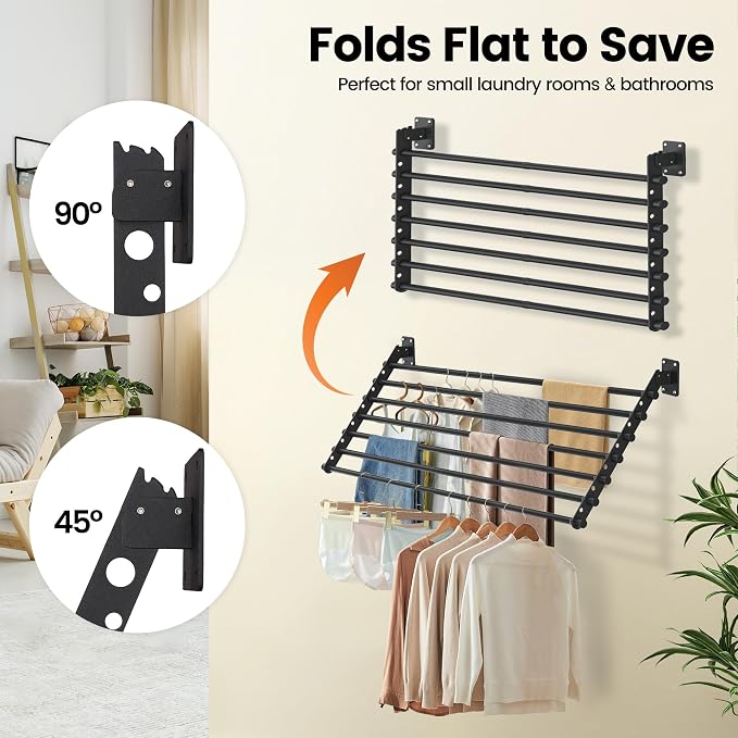 Wall Mounted Clothes Drying Rack 28 Inch – Foldable Laundry Drying Rack for Wall Mount, Space Saving Indoor Drying Rack for Clothes, Compact & Sturdy Design