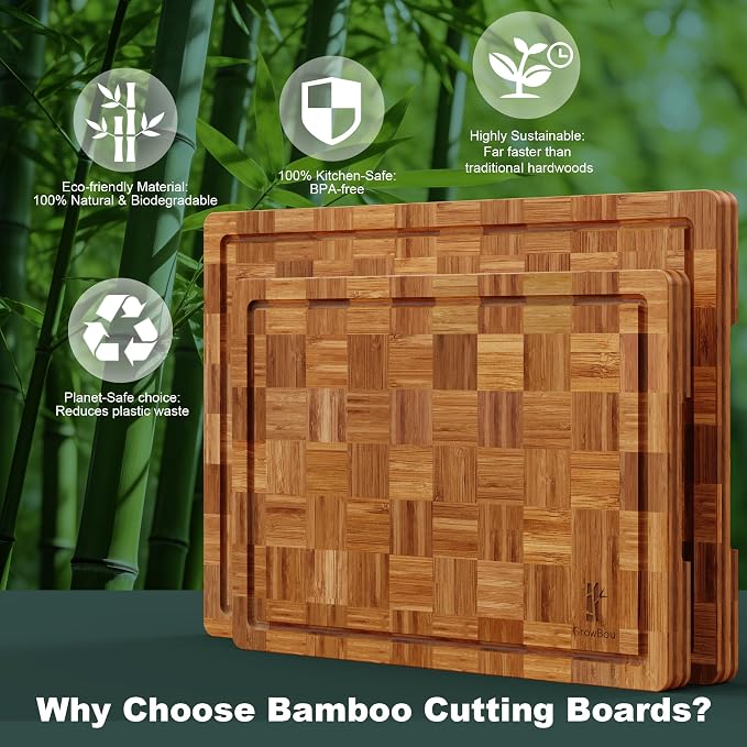 Extra Large Bamboo Cutting Boards, 2-Pack Heavy Duty Bamboo Cutting Boards Set with Juice Grooves & Non-Slip Feet – Extra Large Thick Wood Chopping Board for Meat, Fruits & More, Non-Toxic & Durable