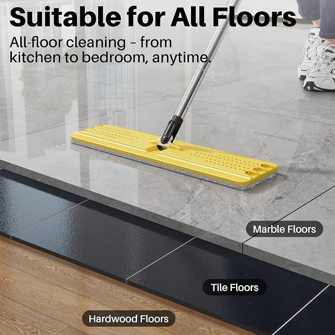 JOYMOOP Industrial Mop and Bucket Set, 17.7-inch Dust Mops for Floor Cleaning, Flat Mop Bucket with Wringer, Include 3 Reusable Microfiber Mop Pads - Yellow