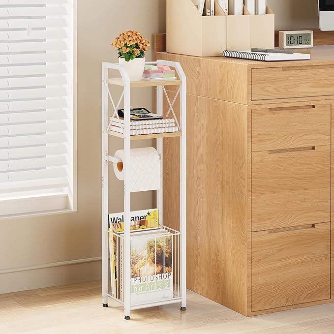 HapiRm Freestanding Toilet Paper Holder - 4-Tier Bathroom Tissue Organizer with Wood Shelves and Large Basket, Toilet Paper Holder Stand for Bathroom, Laundry Room, Apartment - White（Small）